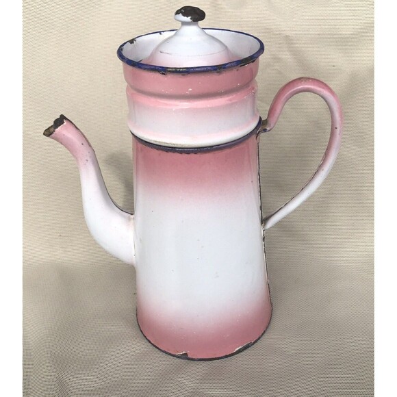 Vintage ENAMELED COFFEE POT  Pink 3 Piece CUTE!! - Picture 1 of 15